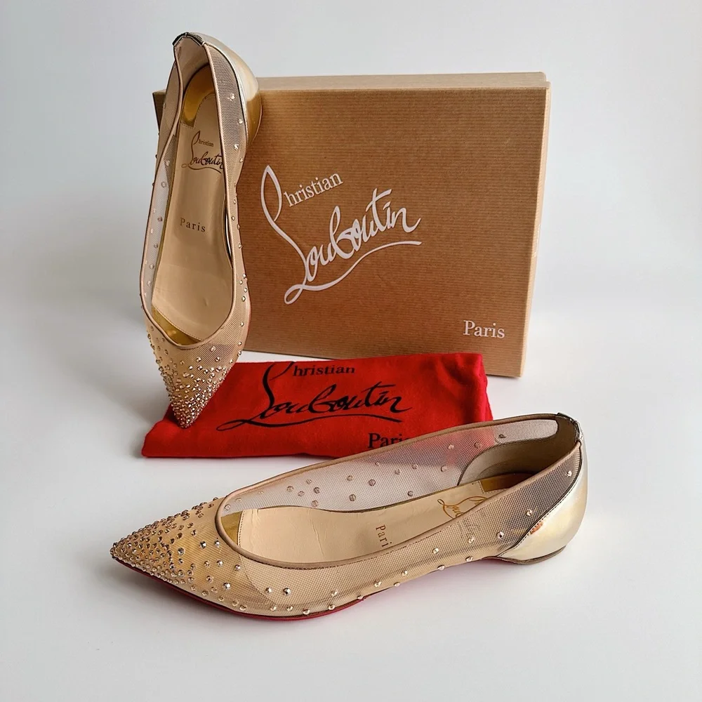 CHRISTIAN LOUBOUTIN Follies Strass Gold Crystal Pointed Toe Ballerina Flats 38 - Picture 15 of 16